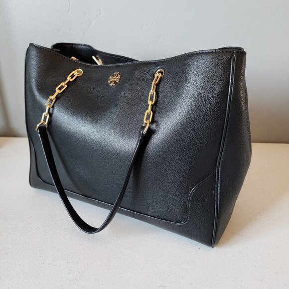 Tory Burch Black Leather Tote with Gold Chain - Picture 12 of 16